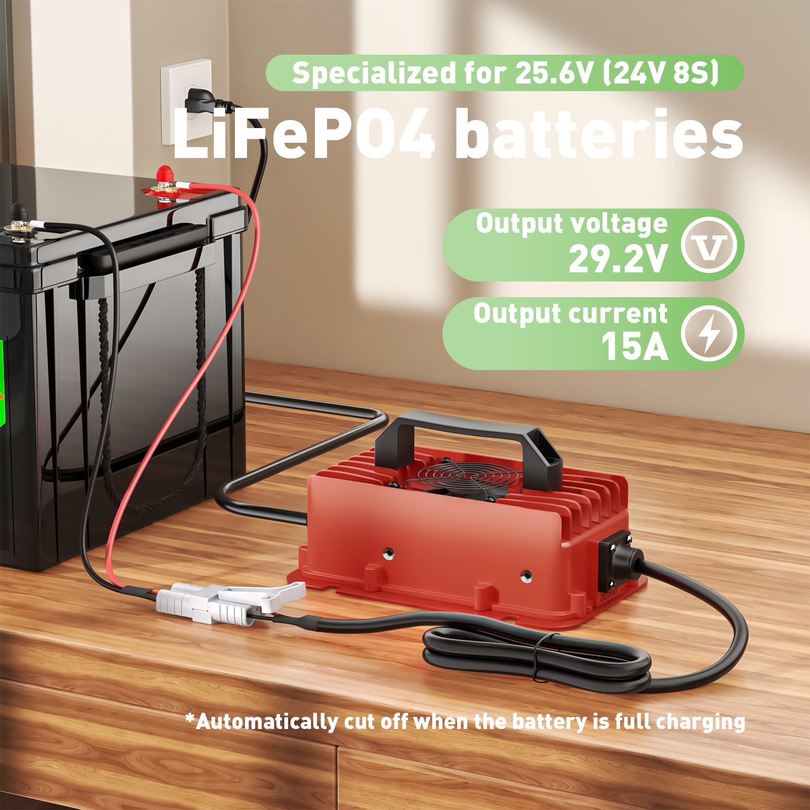 NOEIFEVO 24V 25.6V Lithium LiFePO4 battery charger, 29.2V 15A Waterproof charger, Automatic Cut Off, 0V BMS Activate