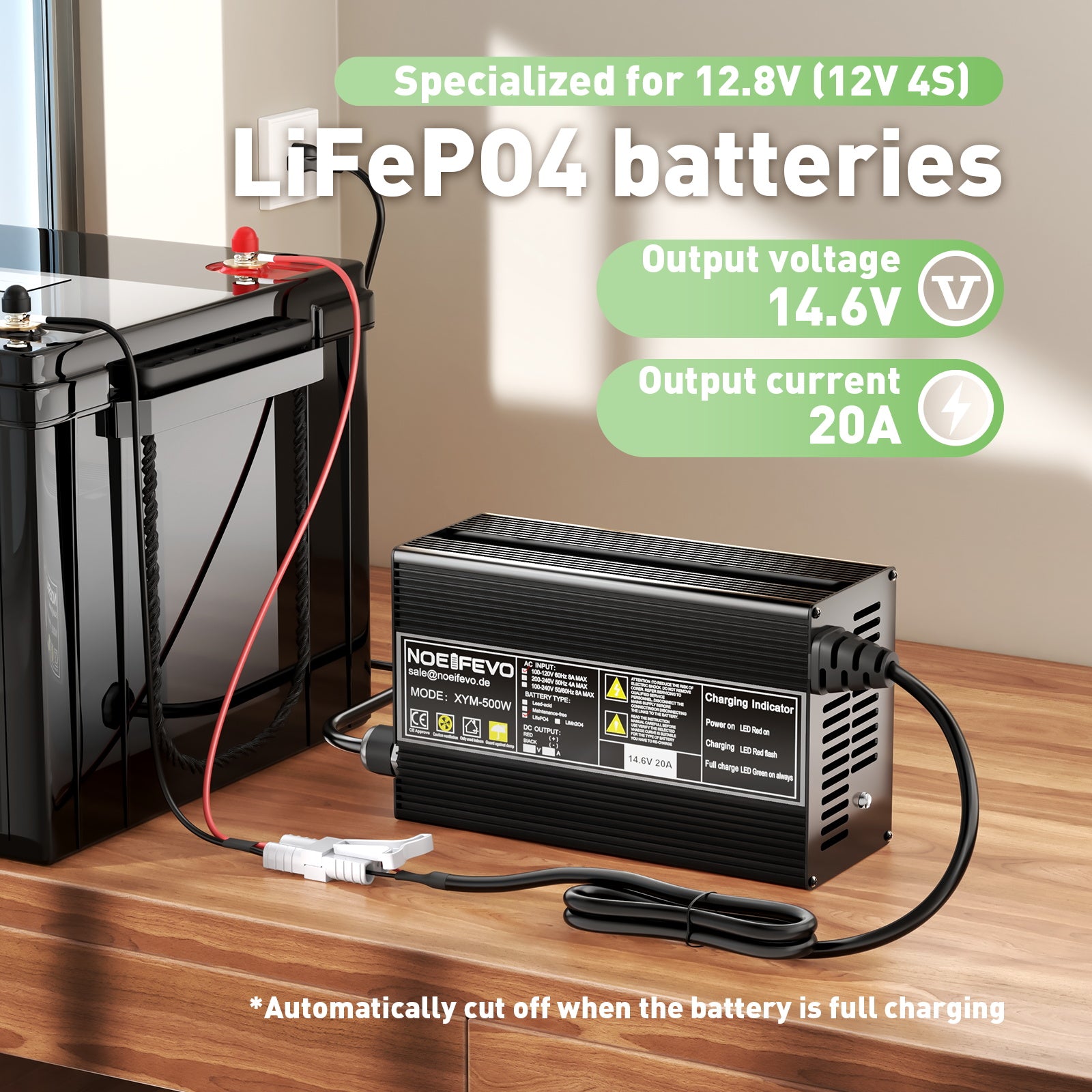 Noeifevo 12V 20A Lithium LiFePO4 Battery Charger,  Charging Voltage 14.6Volt, Automatica Cut Off, 0V BMS Activate,AC-DC Smart Charger