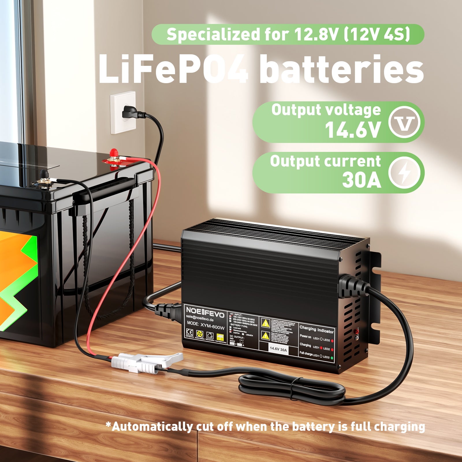 Noeifevo 12V 30A Lithium LiFePO4 battery charger, Charing Voltage 14.6Volt, Automatic Cut Off, 0V BMS Acitvate,AC-DC Smarter Charger