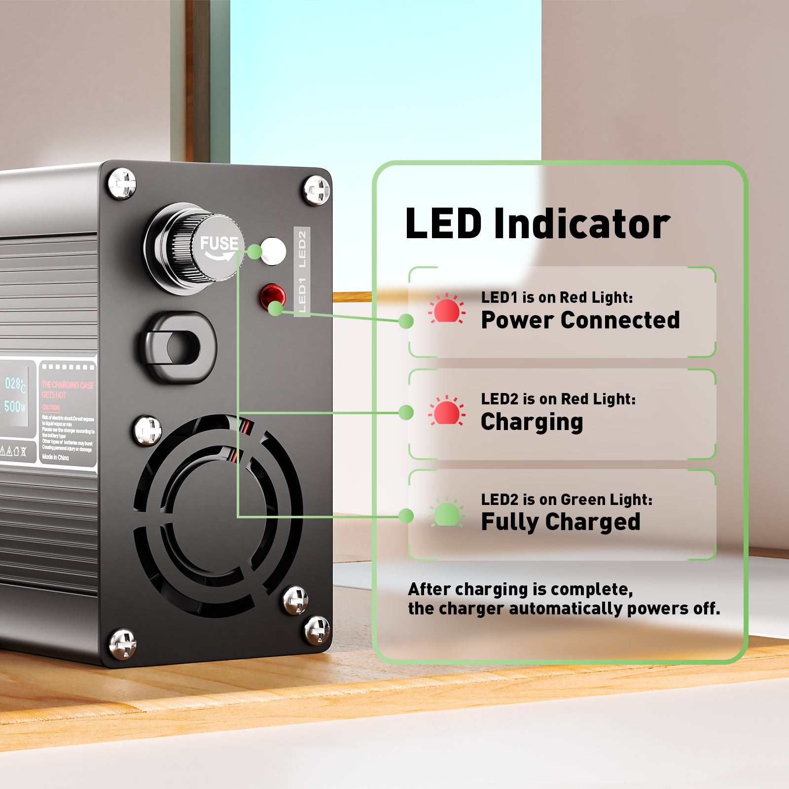 NOEIFEVO 63V 6A Lithium Battery Charger For 55.5V 15S Li-ion Lipo Battery, Automatic Cut Off, aluminum housing, LCD screen