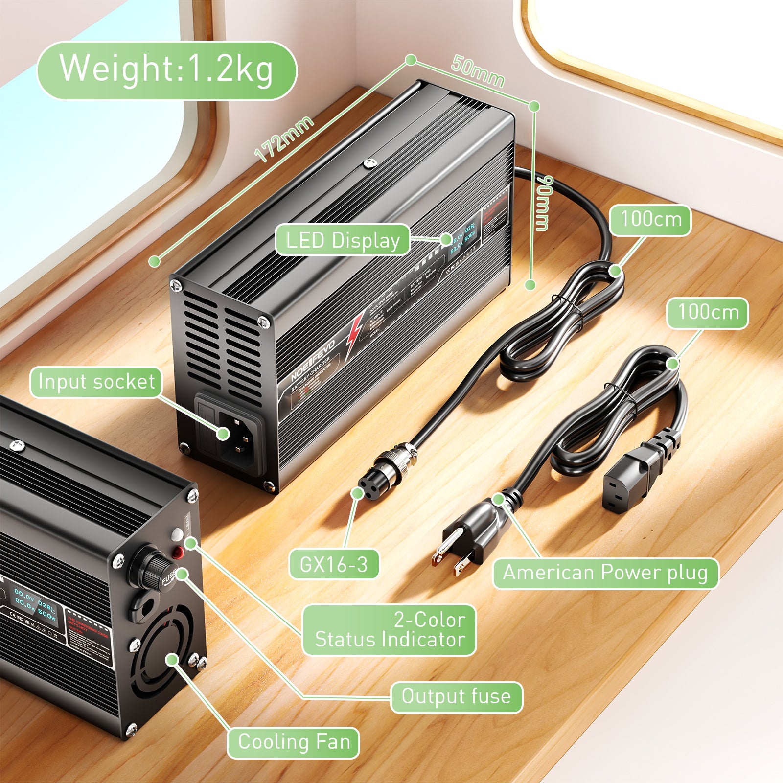 NOEIFEVO 63V 6A Lithium Battery Charger For 55.5V 15S Li-ion Lipo Battery, Automatic Cut Off, aluminum housing, LCD screen