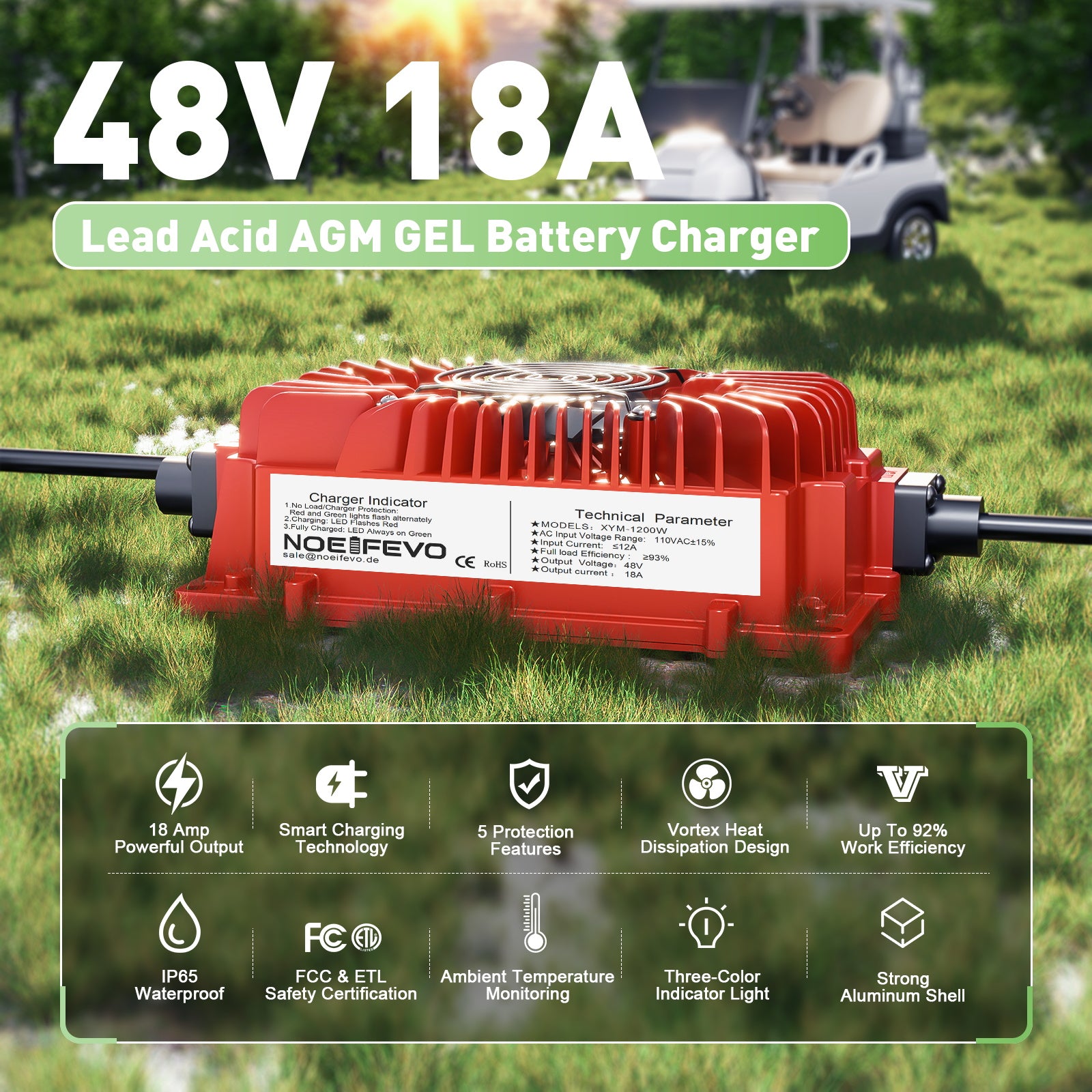 NOEIFEVO 48V 18A Battery Charger For Lead Acid Batteries,AGM,Gel, Onboard Charger For Golf Cart Battery