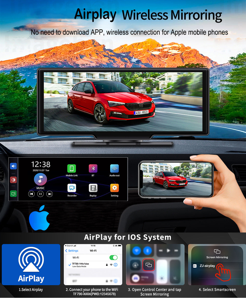 Portable Carplay Screen for Car, 10.26’’ Car Stereo Wireless Car Play & Android Auto Touch Screen, 4K Dash Cam, 1080P Backup Camera, Mirror Link/Voice Control/Music Play/GPS Navigation