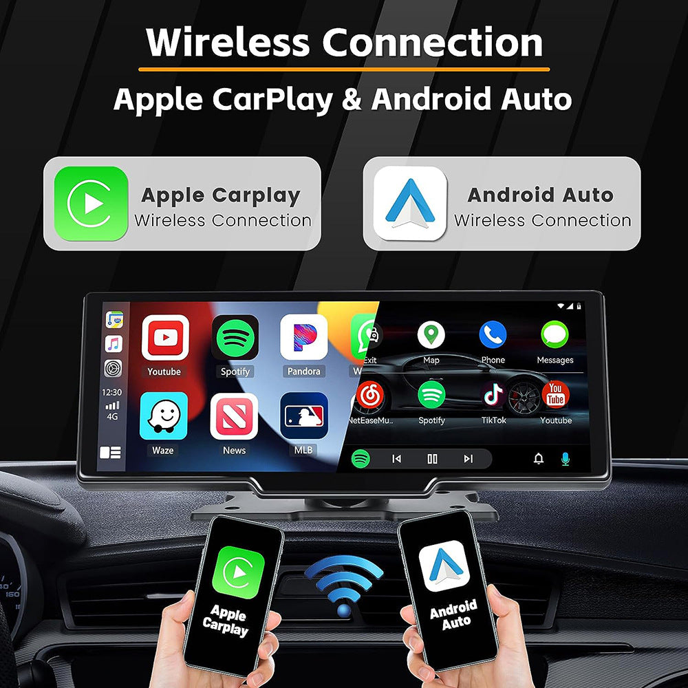 Portable Carplay Screen for Car, 10.26’’ Car Stereo Wireless Car Play & Android Auto Touch Screen, 4K Dash Cam, 1080P Backup Camera, Mirror Link/Voice Control/Music Play/GPS Navigation